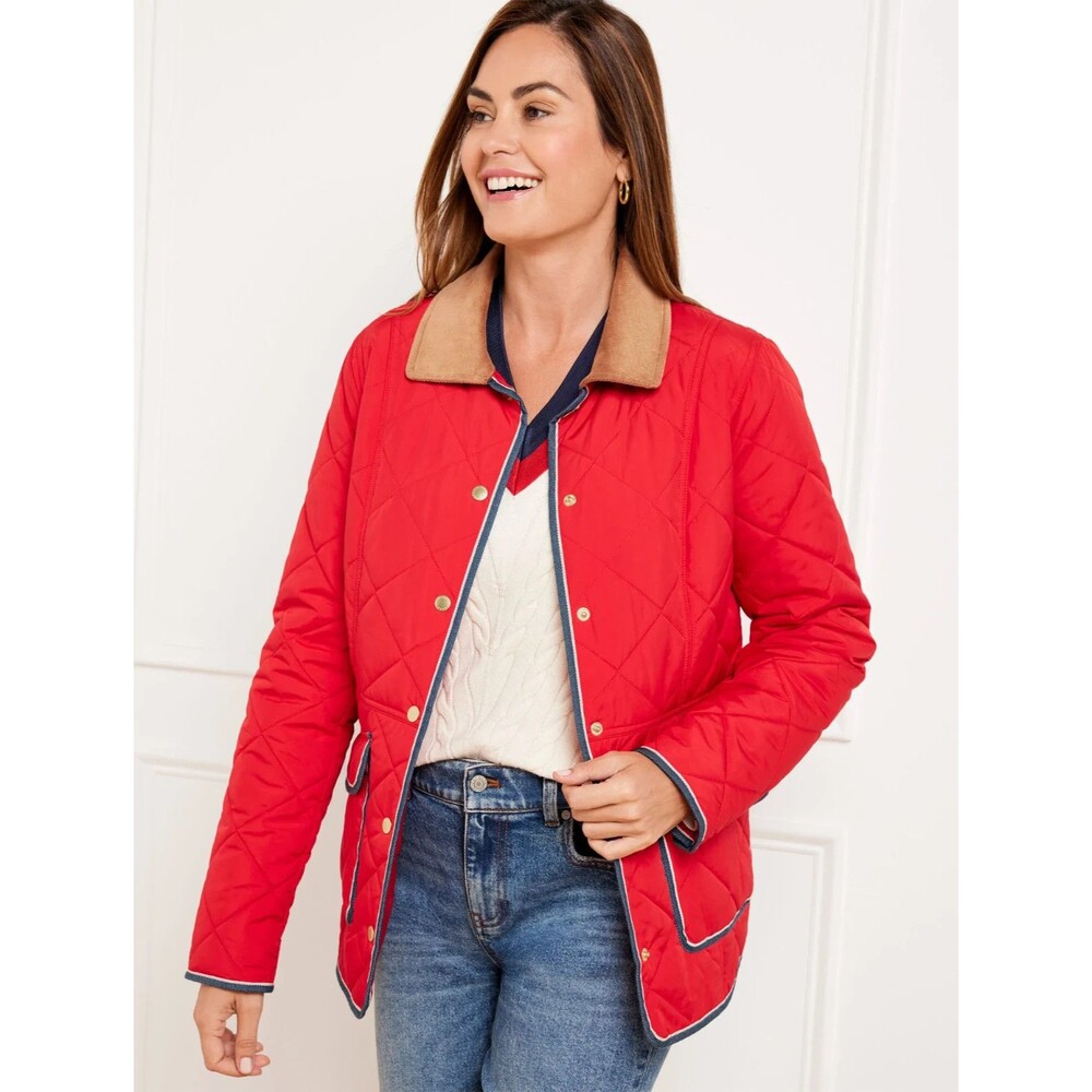 Talbots Red Quilted Barn Jacket/Coat Size MP Corduroy Collar Denim Trim NWT